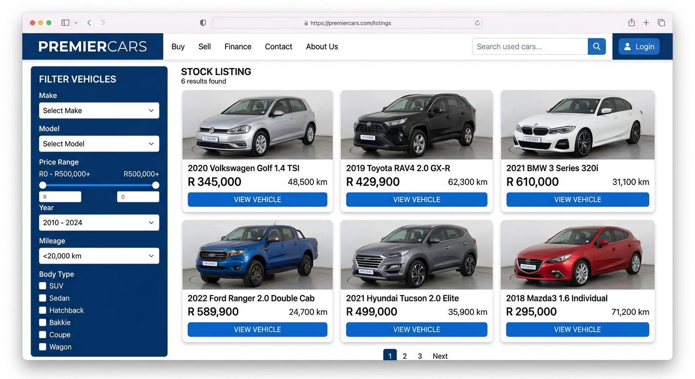 Vehicle stock listing page example with filters and vehicle cards